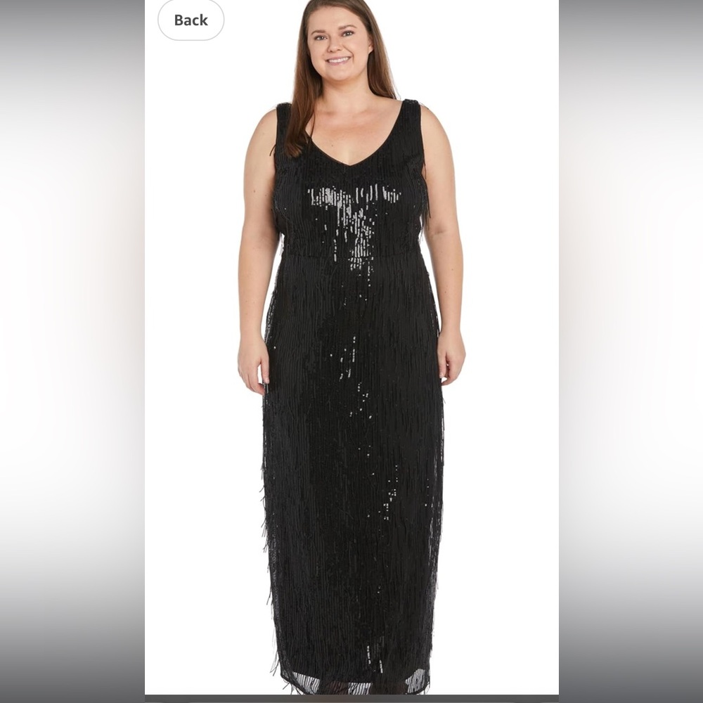 R&M Richards Embroidered Fringe Sequin Columns Maxi Dress, Size 14